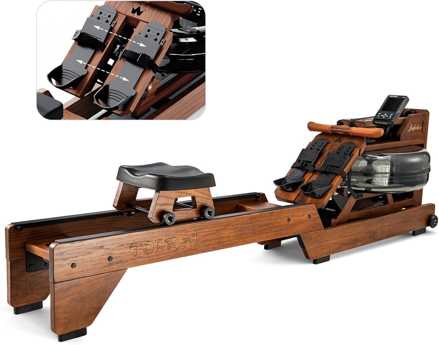 TOPIOM Water Rowing Machine for Home, Oak Wood Water Rower Machine with TM3 Dedicated Display & Bluetooth, Upgraded Handle, Adjustable Footpad,400-500LBS Capacity